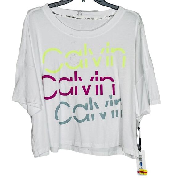 Calvin Klein Performance womans Sliced Logo Cropped T-Shirt White  XL - Picture 2 of 11